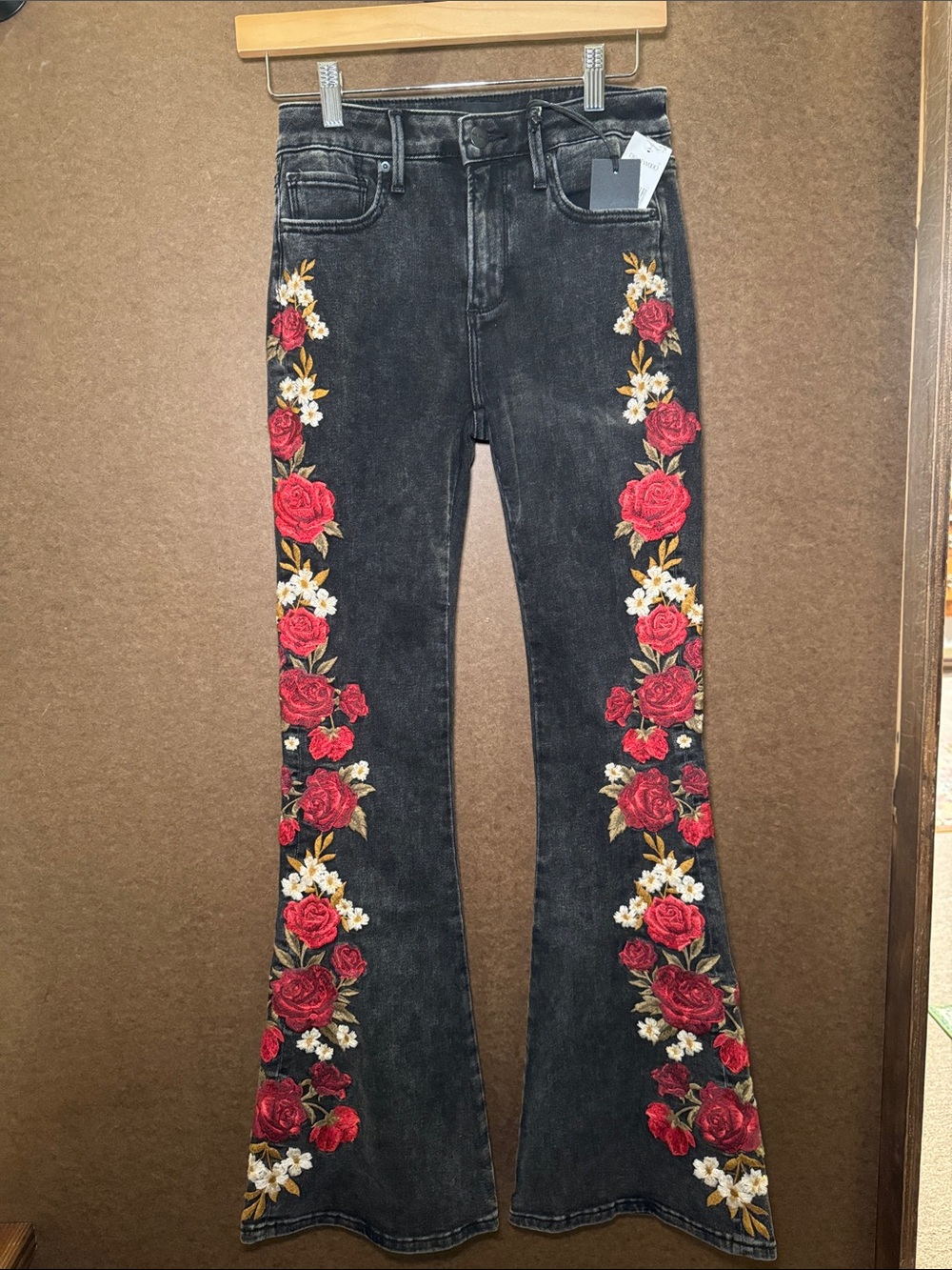 DRIFTWOOD Black Flare Jeans with Red & White Floral Embroidery